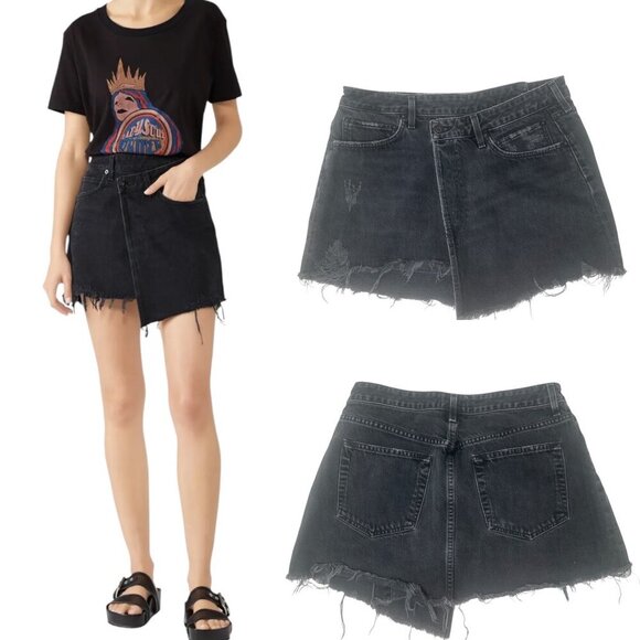 Agolde Criss Cross Distressed Jean Denim Mini Skirt Size 30 In Pivot Wash Black - Picture 13 of 14